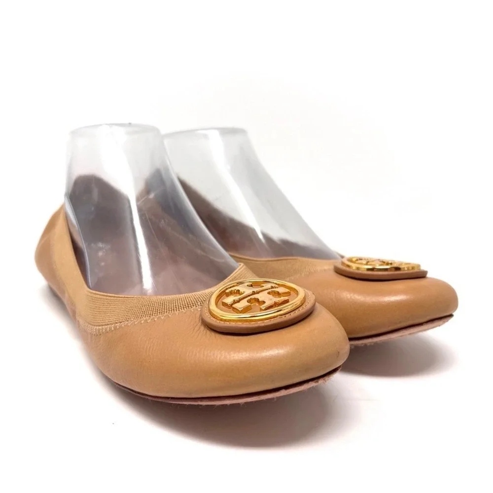 Tory Burch Caroline Beige Leather Elastic‎ Logo Ballet Flats Size 8.5